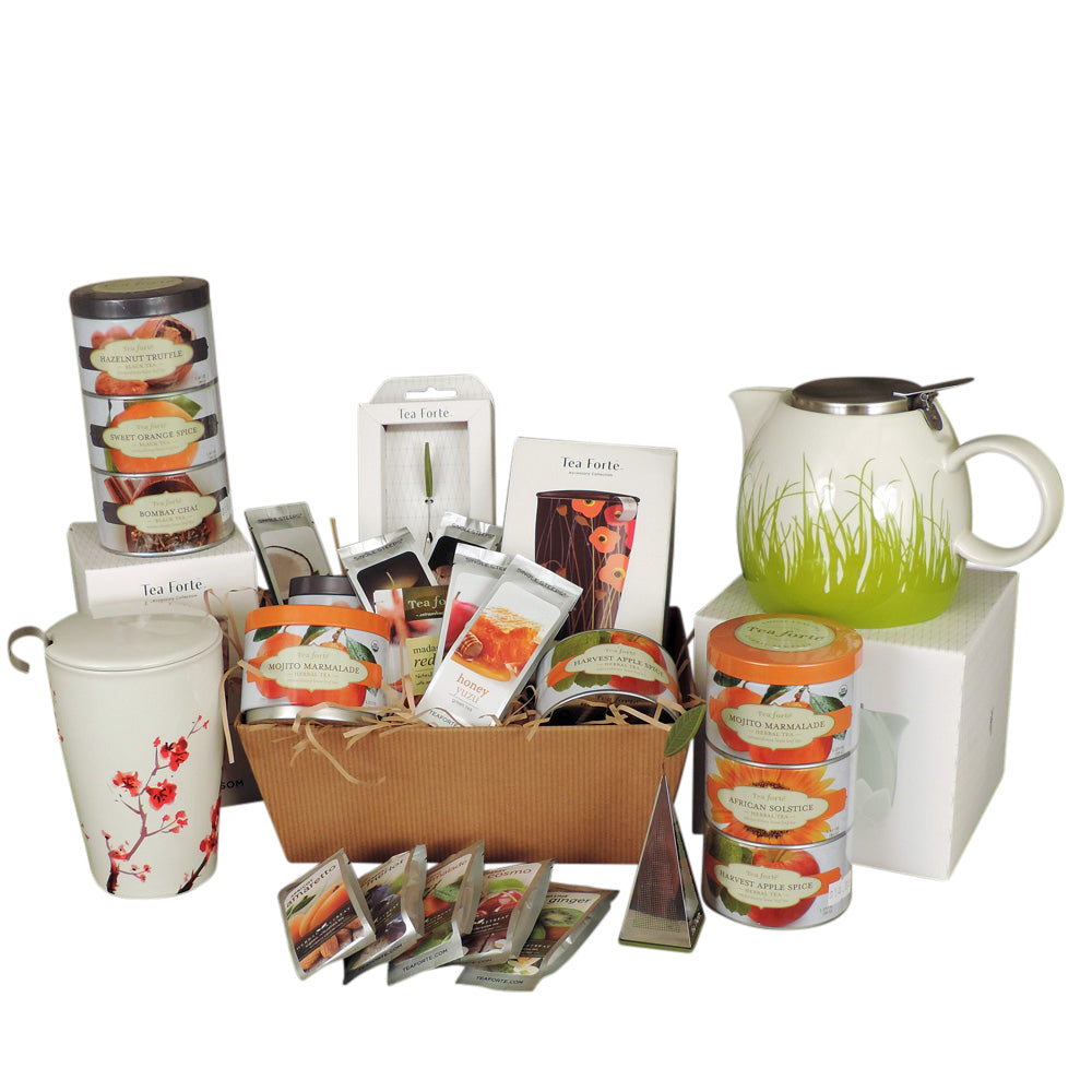 Tea Gift Basket of assorted teas and tea accessories with teapot