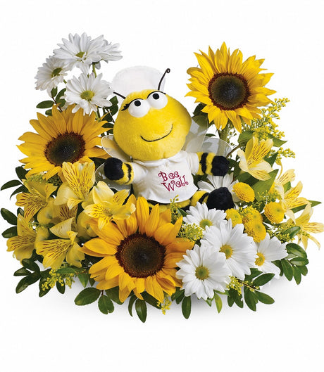 Teleflora Bee Well bouquet with yellow and white flowers and bee plush - Deluxe