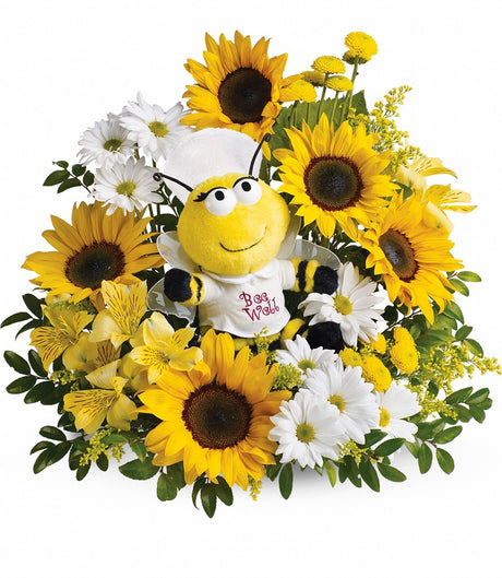 Teleflora Bee Well bouquet with yellow and white flowers and bee plush