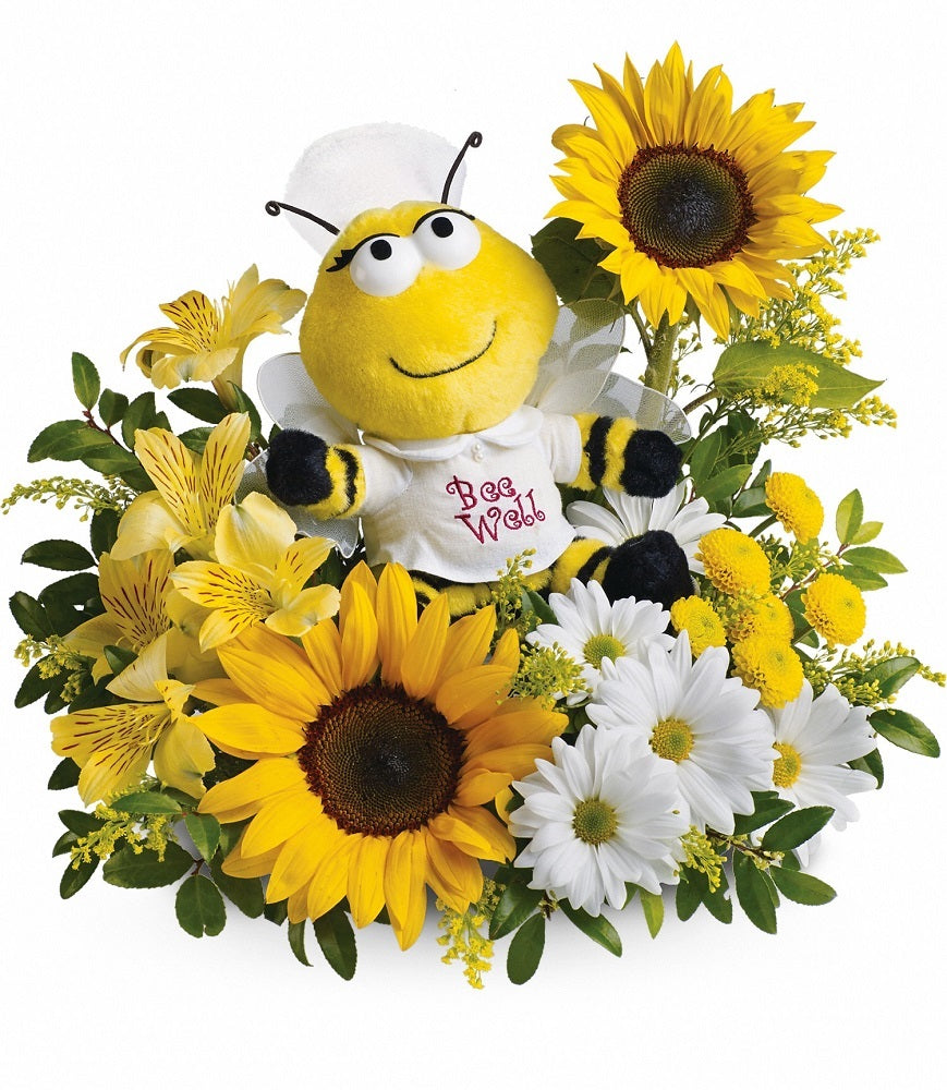 Teleflora Bee Well bouquet with yellow and white flowers and bee plush - Standard