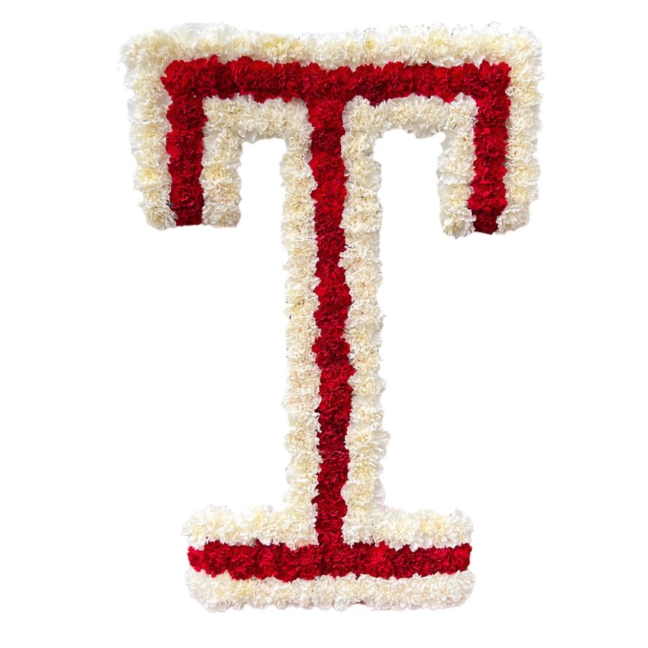 Temple University T made out of flowers