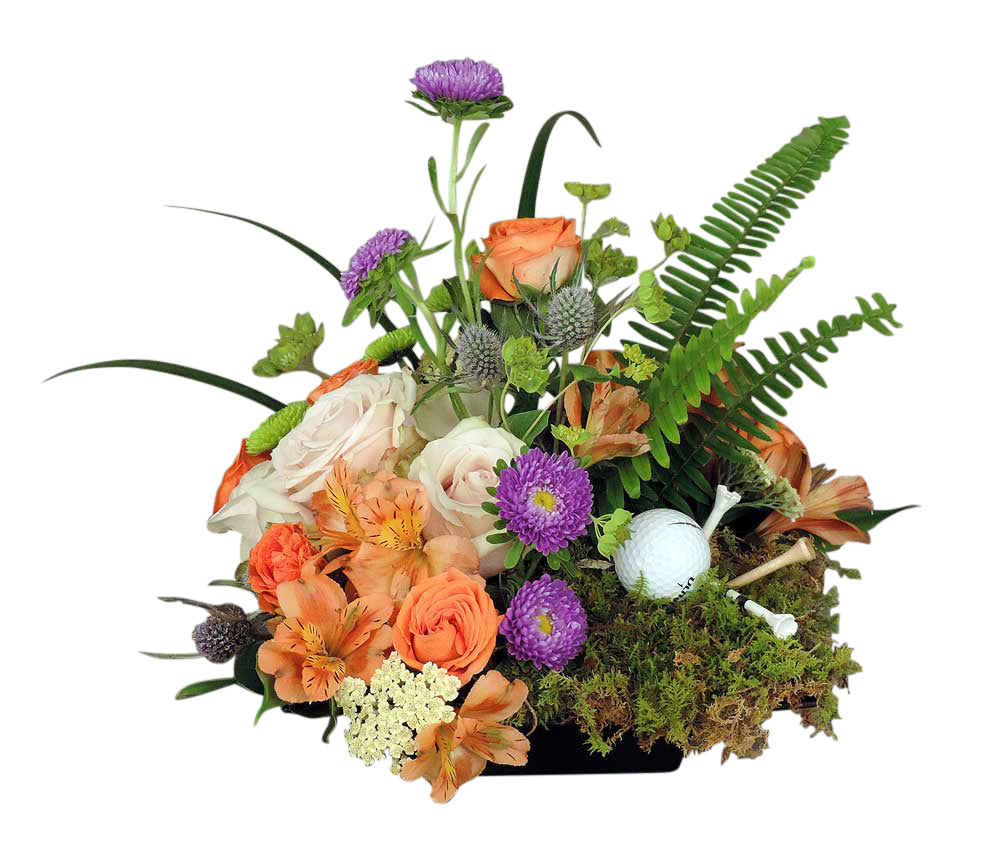 The Golfer Bouquet flower arrangement with golf ball and tees