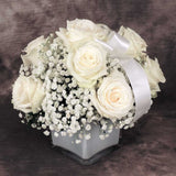 White rose and babies breath cube bouquet