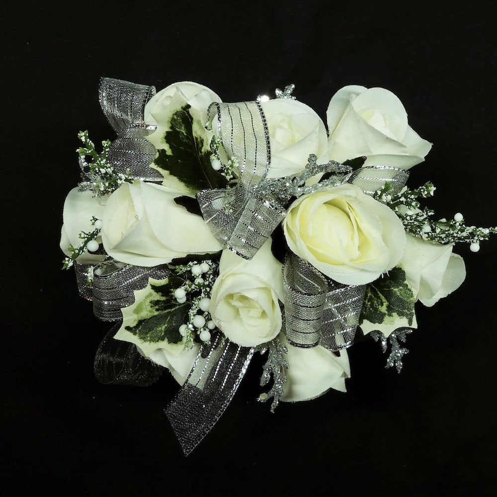 White and Silver Silk Flower Corsage