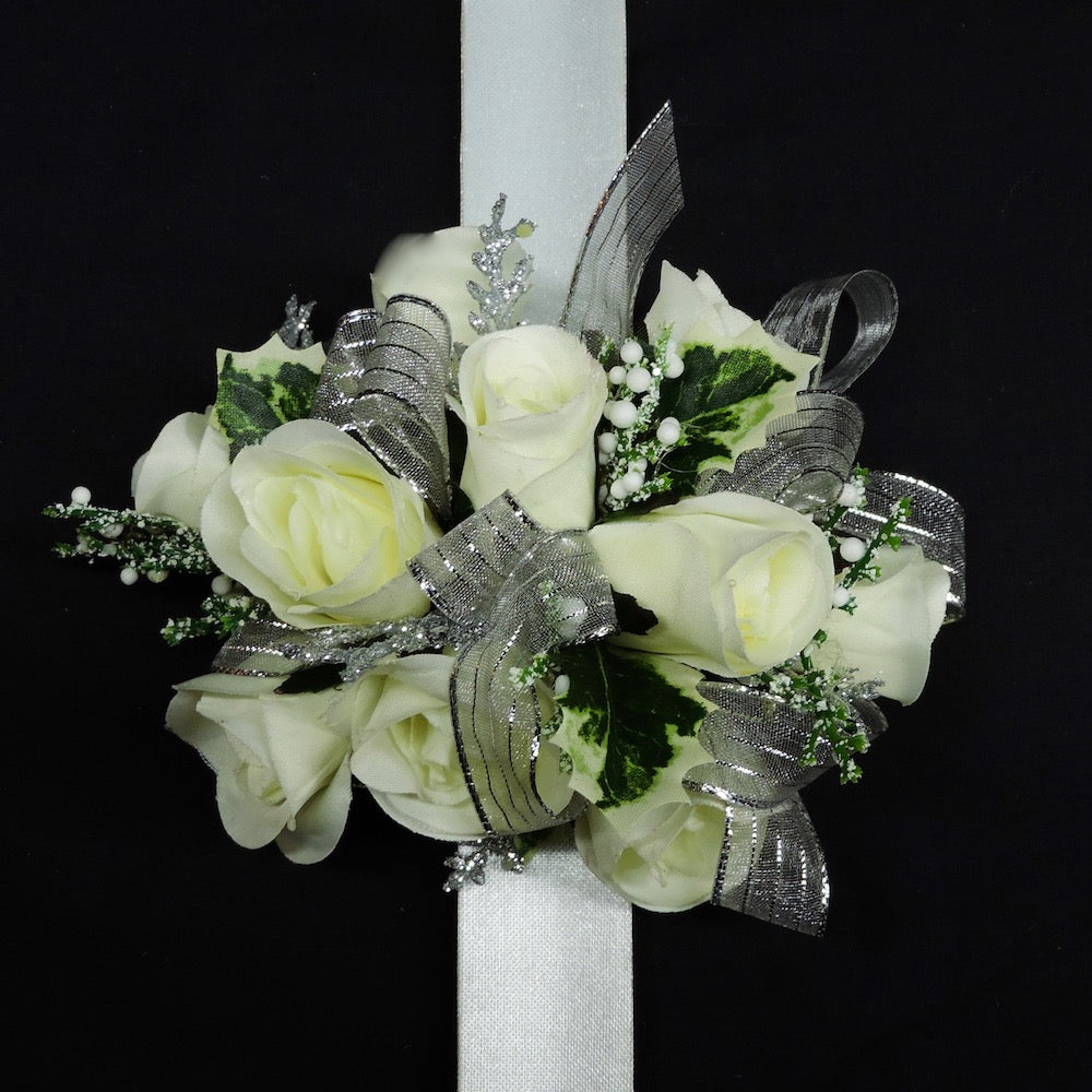 White and Silver Silk Flower Slap Bracelet Corsage