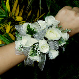 White and Silver Silk Flower Wristlet Corsage