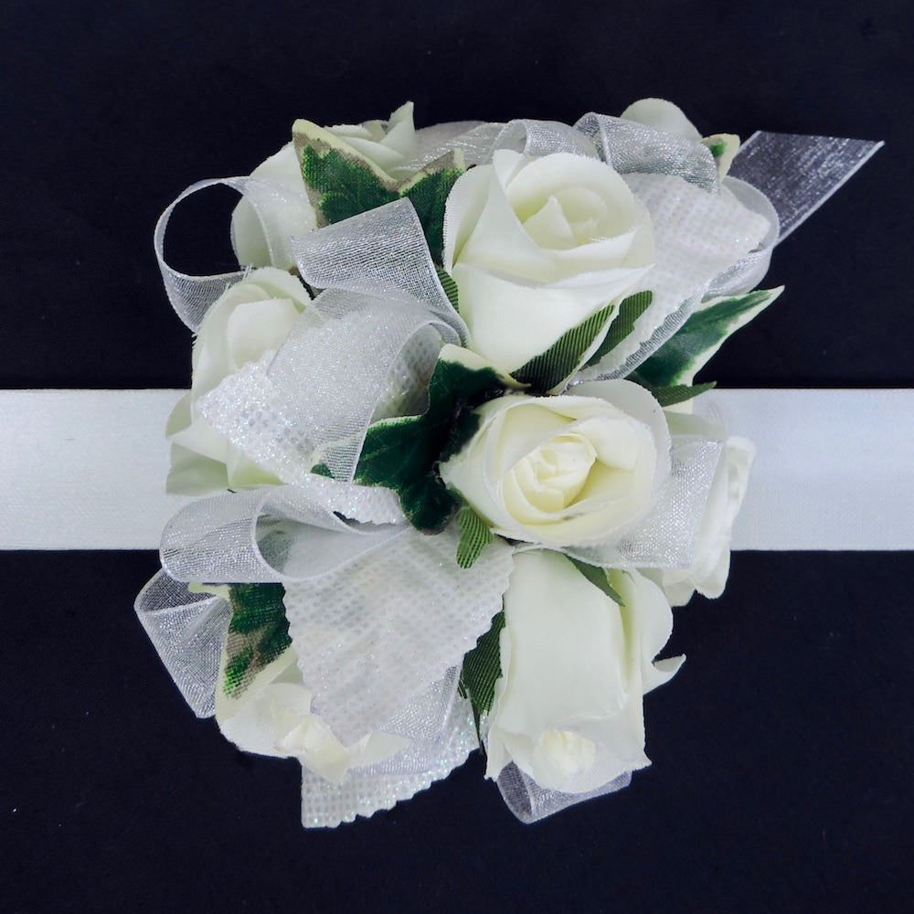 All White Silk Flower Corsage