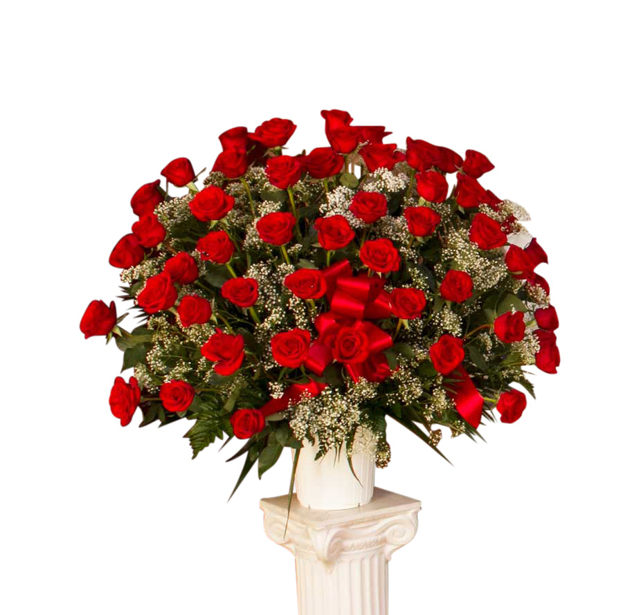 Soul's Splendor funeral flower arrangement of all red roses in a white urn Small