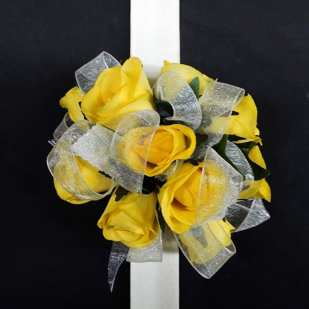 Yellow Silk Rose Corsage on slap bracelet